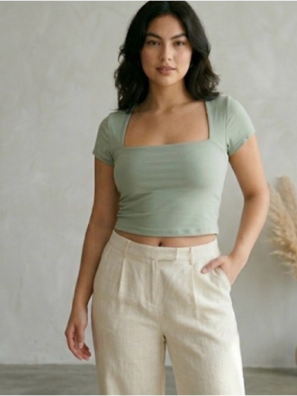 Qinsen Sage Green Square Neck Short Sleeve Crop Top Womens Size M(593)